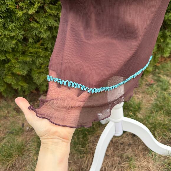 Zoe D. Beaded Dress XS – Sheer Brown Turquoise Hand Beaded Y2K Cocktail Dress - Picture 4 of 6